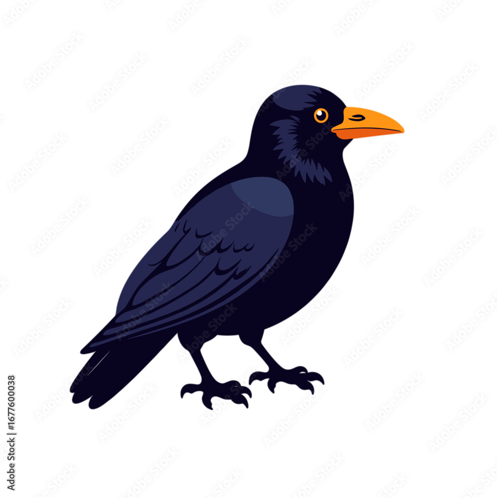 Fototapeta premium Black crow standing with an orange beak in vector style 