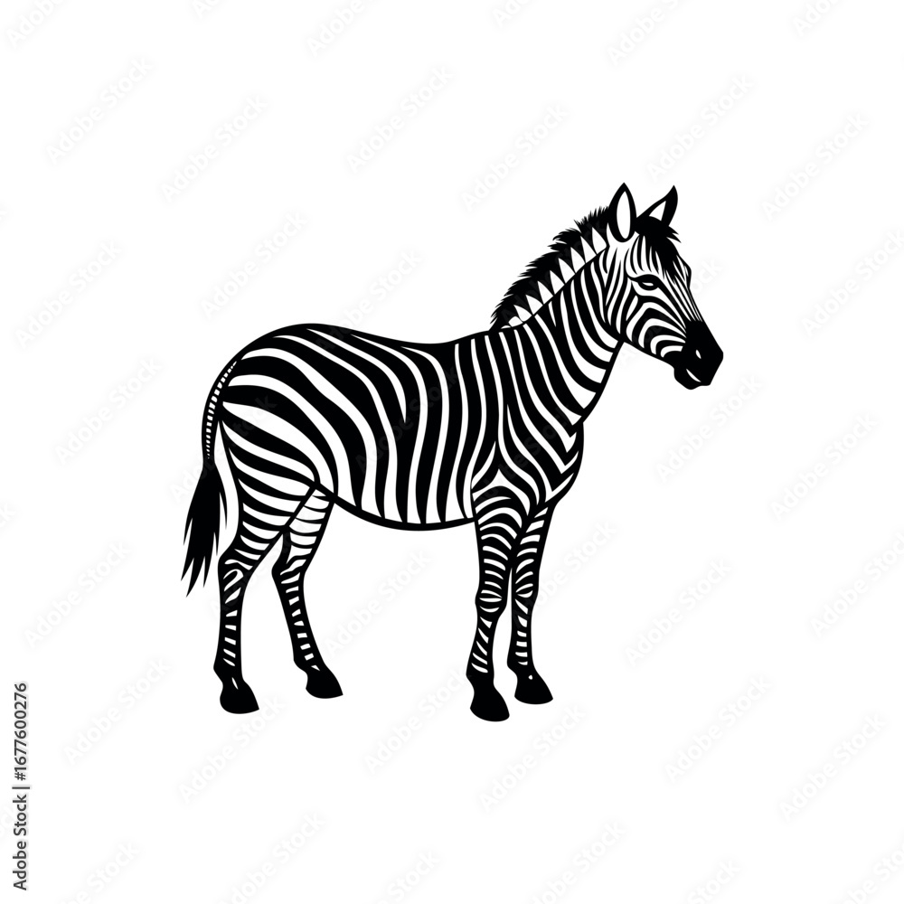 Obraz premium Black and white illustration of a zebra standing in profile view looking left Silhouette Vector 