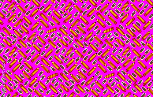 Seamless pattern illustration featuring colorful school supplies including pencils and erasers. Perfect foreducational themes,back-to-school concepts, stationery backgrounds, and creative decorative.