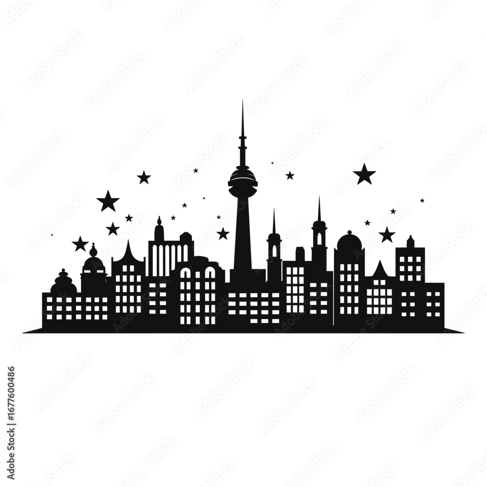 Fototapeta premium Black silhouette of a city skyline with stars