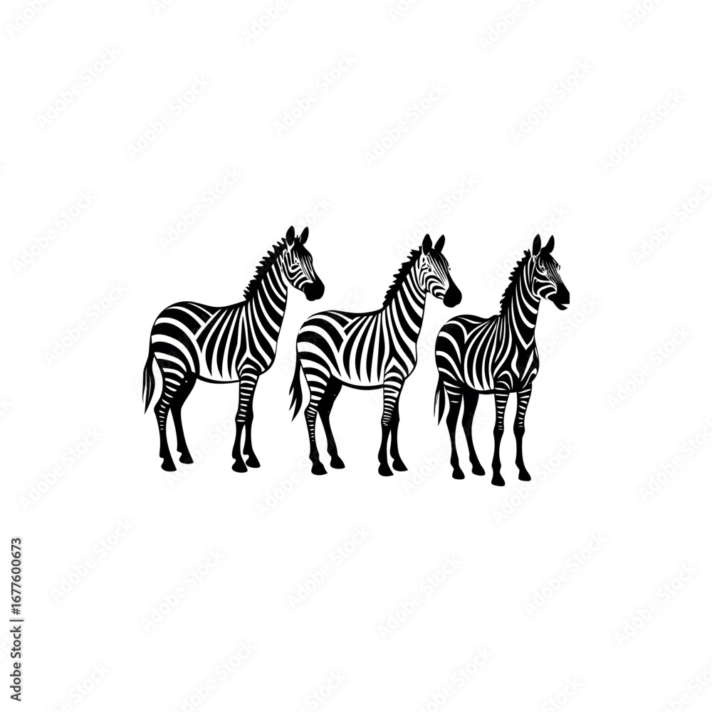 Fototapeta premium Three Zebras Standing Together in Black and White Silhouette Illustration vector art