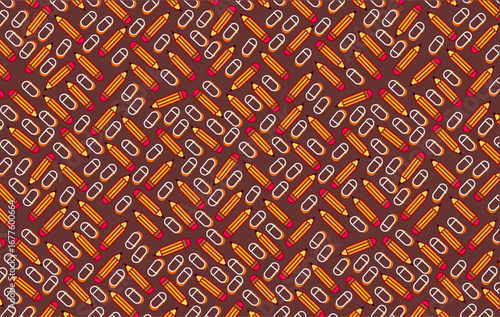 Seamless pattern illustration featuring colorful school supplies including pencils and erasers. Perfect foreducational themes,back-to-school concepts, stationery backgrounds, and creative decorative.