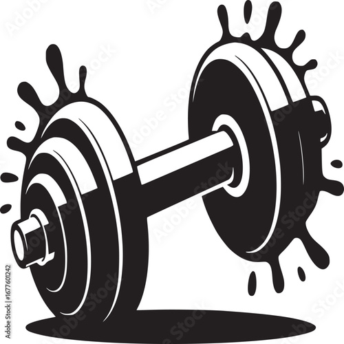 A black and white illustration of a dumbbell with liquid splashing around the weights on a white background