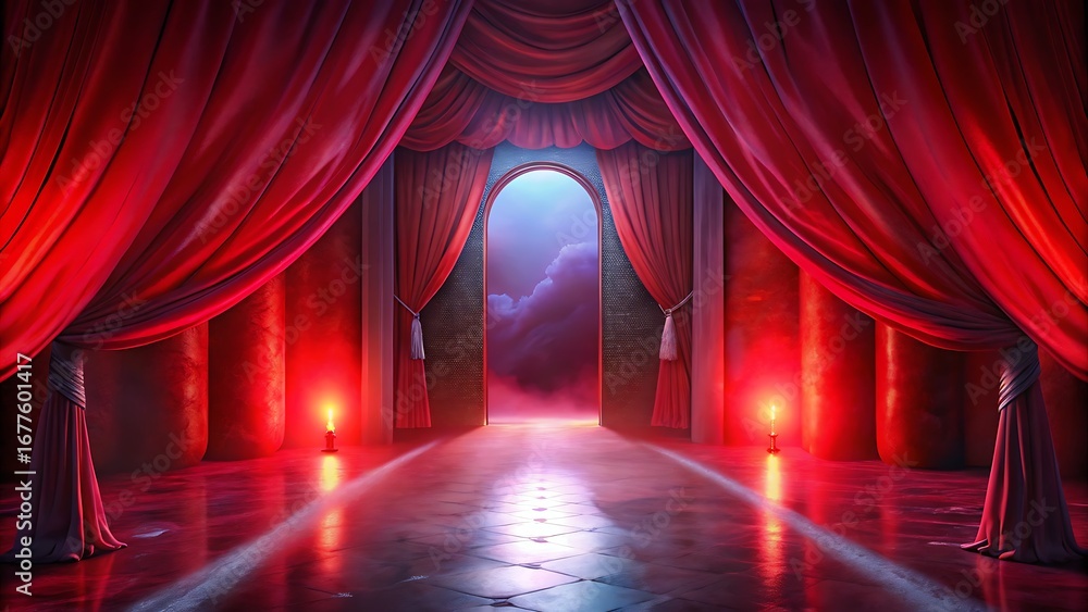 Fototapeta premium Elegant Red Curtain and Candlelit Interior with Dramatic Glow