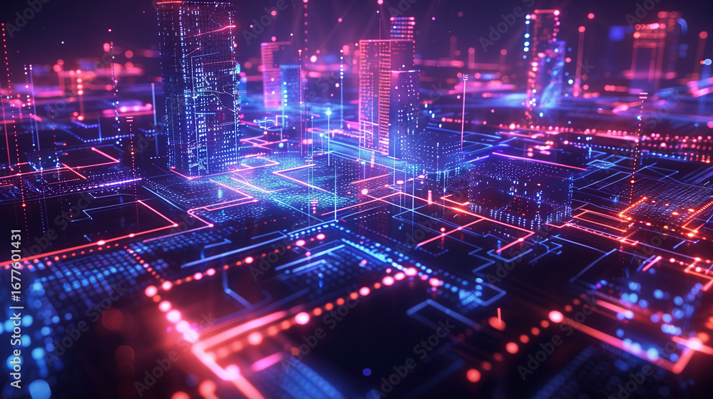 Fototapeta premium A captivating drone view showcases a futuristic city where skyscrapers glitter with holographic displays and interconnected digital pathways. The colorful lights create an enchanting urban landscape