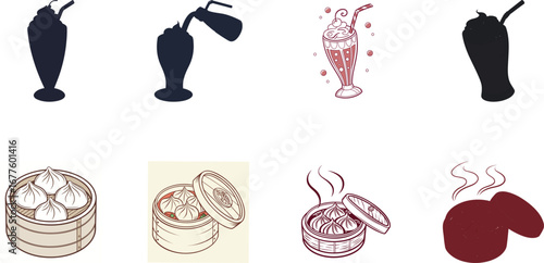 Hand drawn vector illustration of Indian street food and drinks set including samosa, pakora, momo dumplings, pani puri, cold drinks, ginger ale, juice and coffee – colorful cartoon snack icons for re