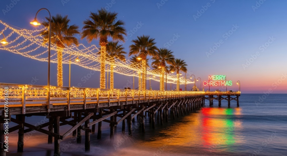 Obraz premium Coastal Pier Decorated With Festive Holiday Lights At Sunset