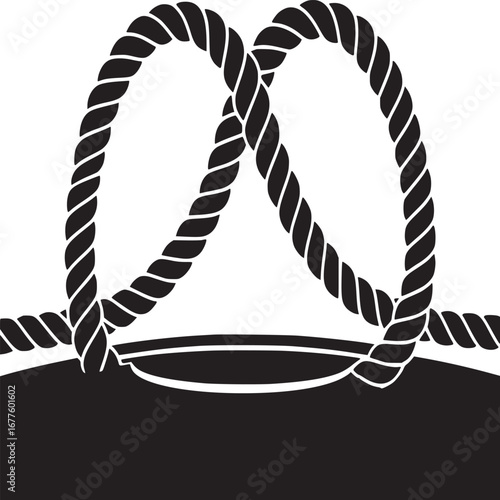 A graphic design featuring a black rope looped twice over a black shape on a white background