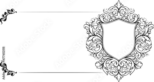 A filigree heraldic crest motif floral pattern border frame. Original design in a vintage style.
