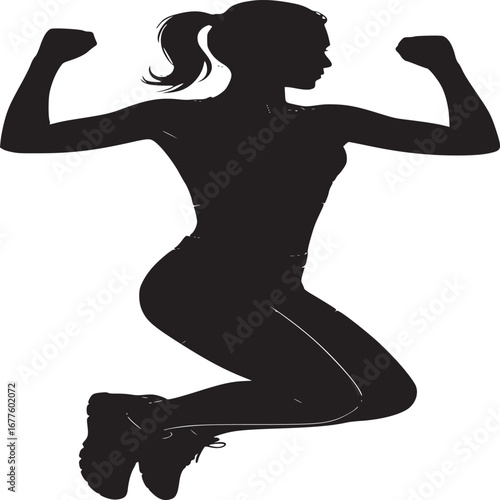 Silhouette of a woman jumping in the air with her arms raised and fists clenched on a white background