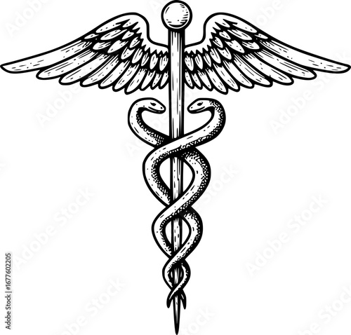 Rod of Asclepius staff medical symbol. Snake around rod or wooden staff. Often mistakenly called Caduceus. Doctor medicine and health care icon. Vintage woodcut etching style. Also features wings. 