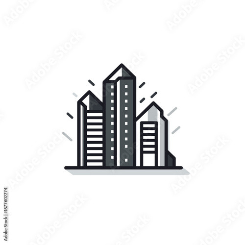 Modern cityscape with tall buildings and geometric design