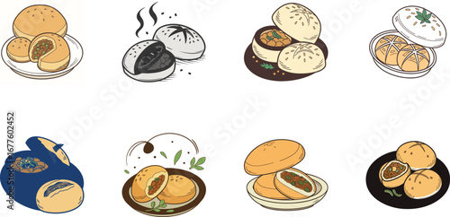 Hand drawn vector illustration of Indian street food and drinks set including samosa, pakora, momo dumplings, pani puri, cold drinks, ginger ale, juice and coffee – colorful cartoon snack icons for re