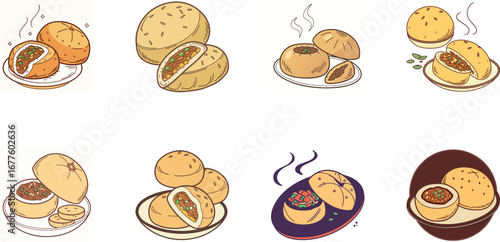 Hand drawn vector illustration of Indian street food and drinks set including samosa, pakora, momo dumplings, pani puri, cold drinks, ginger ale, juice and coffee – colorful cartoon snack icons for re