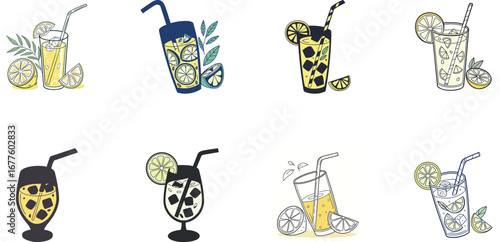 Hand drawn vector illustration of Indian street food and drinks set including samosa, pakora, momo dumplings, pani puri, cold drinks, ginger ale, juice and coffee – colorful cartoon snack icons for re