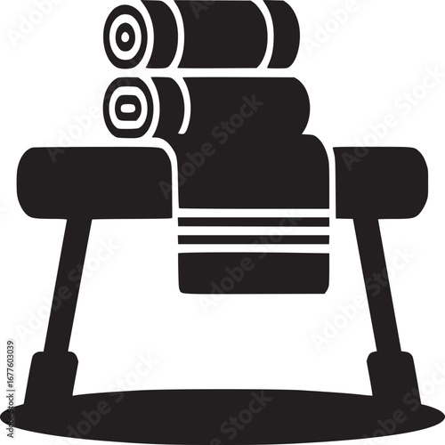 A simple black and white graphic of towels stacked on a towel rack on a white background image art