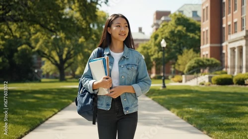Happy Student Walking on College Campus - A young Asian woman smiles as she walks across a college campus, carrying books and a backpack. The sunlit scene depicts a vibrant and cheerful atmosphere.