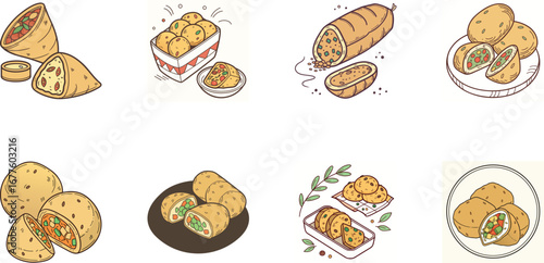 Hand drawn vector illustration of Indian street food and drinks set including samosa, pakora, momo dumplings, pani puri, cold drinks, ginger ale, juice and coffee – colorful cartoon snack icons for re