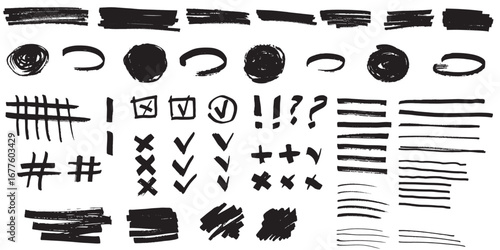 Collection of hand-drawn black brush strokes checkmarks circles hashtags and lines on white white background