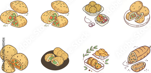 Hand drawn vector illustration of Indian street food and drinks set including samosa, pakora, momo dumplings, pani puri, cold drinks, ginger ale, juice and coffee – colorful cartoon snack icons for re