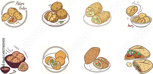 Hand drawn vector illustration of Indian street food and drinks set including samosa, pakora, momo dumplings, pani puri, cold drinks, ginger ale, juice and coffee – colorful cartoon snack icons for re