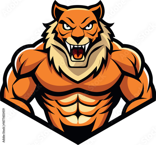 Powerful Muscular Tiger Mascot with Fierce Expression Ready for Action