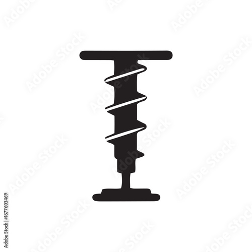 Black silhouette of a mechanical drill with a spiral shaft and t-shaped handle