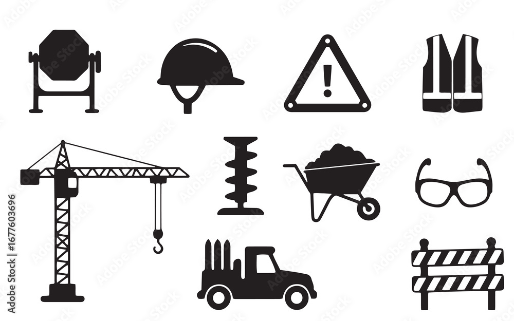 Naklejka premium Construction icons set crane cement mixer safety gear and more for projects