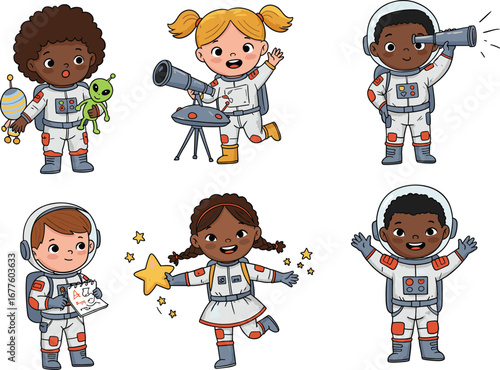 Cute diverse kids in astronaut suits vector, children exploring space cartoon clipart, educational science illustration with telescope, aliens, and stars
