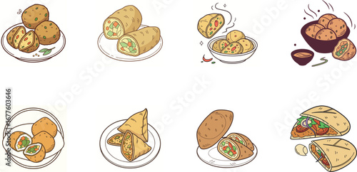 Hand drawn vector illustration of Indian street food and drinks set including samosa, pakora, momo dumplings, pani puri, cold drinks, ginger ale, juice and coffee – colorful cartoon snack icons for re