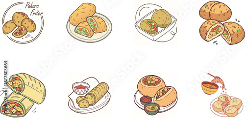 Hand drawn vector illustration of Indian street food and drinks set including samosa, pakora, momo dumplings, pani puri, cold drinks, ginger ale, juice and coffee – colorful cartoon snack icons for re
