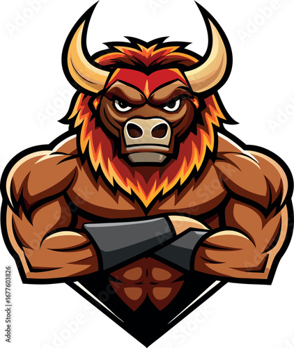 Muscular bull character with fiery mane and strong arms crossed