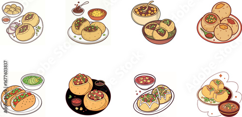 Hand drawn vector illustration of Indian street food and drinks set including samosa, pakora, momo dumplings, pani puri, cold drinks, ginger ale, juice and coffee – colorful cartoon snack icons for re