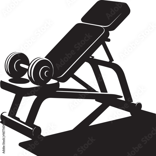 A black and white graphic of a weight bench with dumbbells on the rack ready for a workout session