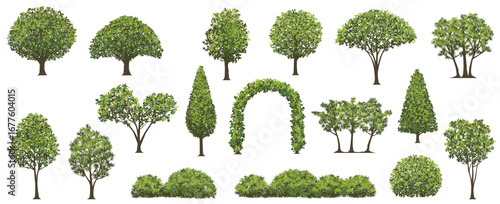 Diverse Garden Greenery: A vibrant collection of illustrated trees, bushes, and an archway bursts with life and vitality, offering a rich array of shapes, styles.