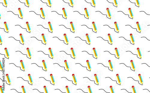 A seamless pattern featuring colorful pencil icons drawing wavy black lines. Vector illustration.