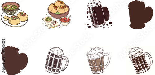 Hand drawn vector illustration of Indian street food and drinks set including samosa, pakora, momo dumplings, pani puri, cold drinks, ginger ale, juice and coffee – colorful cartoon snack icons for re