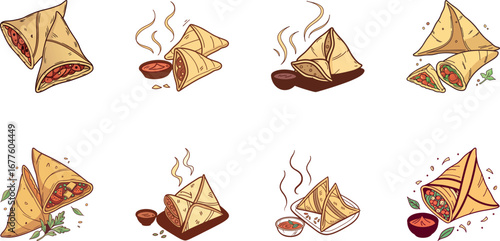 Hand drawn vector illustration of Indian street food and drinks set including samosa, pakora, momo dumplings, pani puri, cold drinks, ginger ale, juice and coffee – colorful cartoon snack icons for re