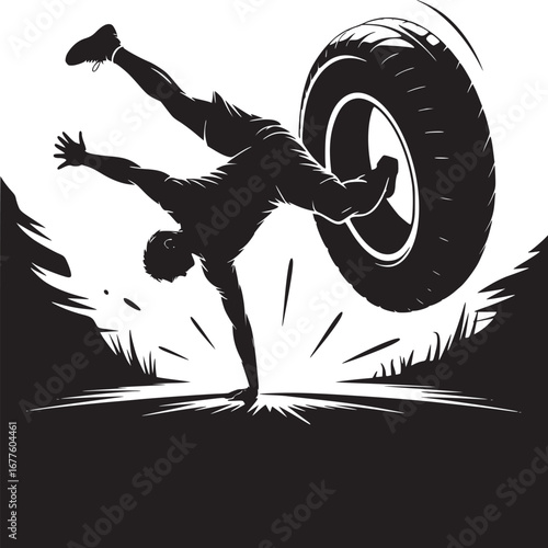 Silhouette of man doing handstand with tire in black and white graphic illustration style art