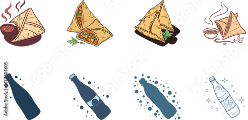 Hand drawn vector illustration of Indian street food and drinks set including samosa, pakora, momo dumplings, pani puri, cold drinks, ginger ale, juice and coffee – colorful cartoon snack icons for re