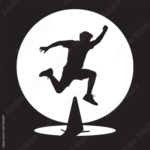 Silhouette of a person jumping over a cone against a circular white background in black and white