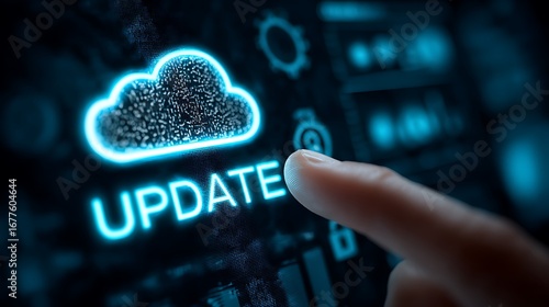 Cloud Update Button Press Finger Interacting with Digital Cloud Computing Interface for Software Update