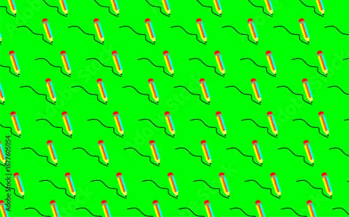 A seamless pattern featuring colorful pencil icons drawing wavy black lines. Vector illustration.