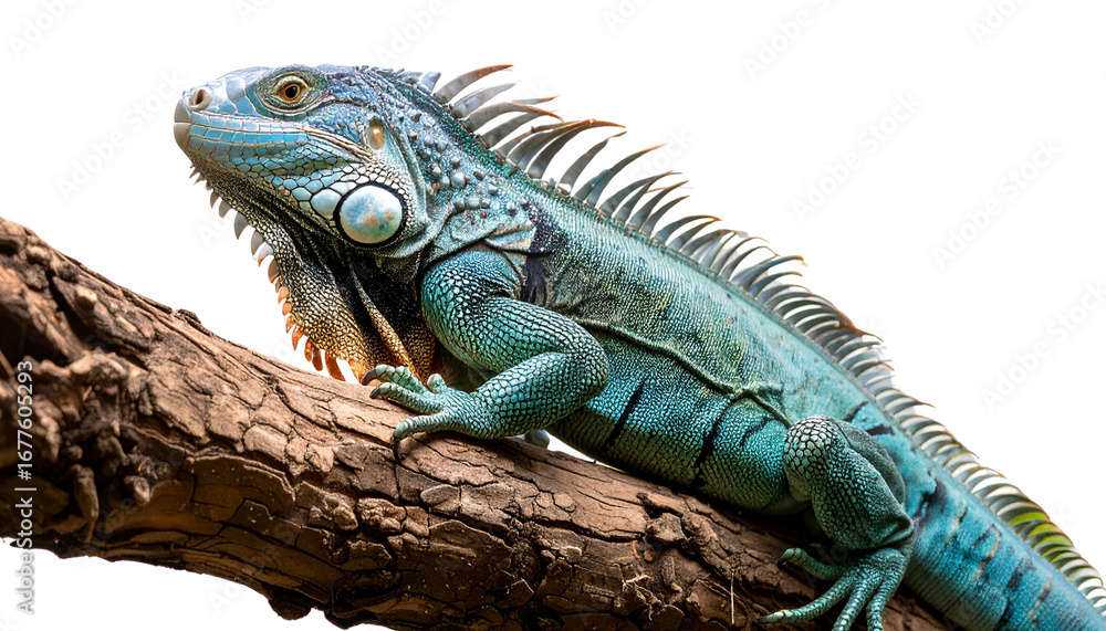 Obraz premium Blue Iguana lizard sitting on tree branch isolated on transparent background 