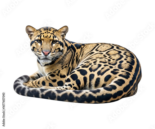 A Sunda Clouded Leopard is resting on a clean white background, isolated from its natural habitat.