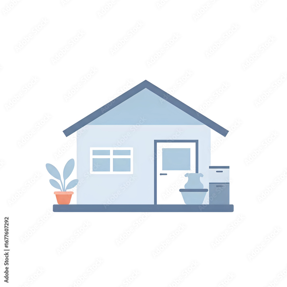 Fototapeta premium Simple modern flat design house with blue roof and plant, residential architecture, isolated white background