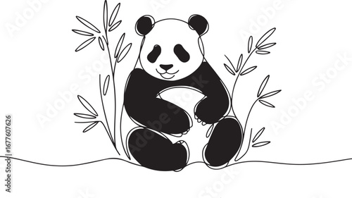 Adorable Panda Bear Sitting Amongst Bamboo Stalks in a Simple Line Art Style
