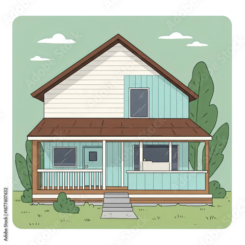 Charming Suburban Family House with Light Blue Siding and Porch, Surrounded by Green Trees and Lawn