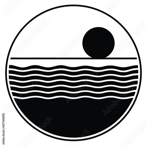 Minimalist black and white circular logo depicting a sun or moon rising over wavy water, symbolizing a serene horizon.