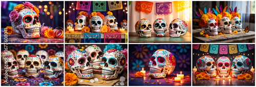 Colorful sugar skulls decorated with flowers and candles